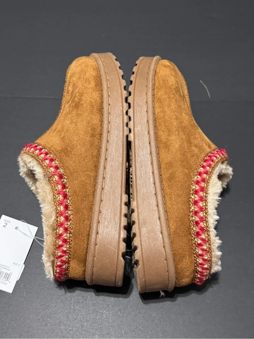 Kohl's Kids Faux-Suede Pembroke Slip-On Slippers in Chestnut with Red Trim